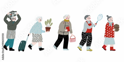 A charming illustration depicts a group of stylish senior women walking