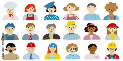 Diverse group of illustrated people with varying hairstyles and outfits