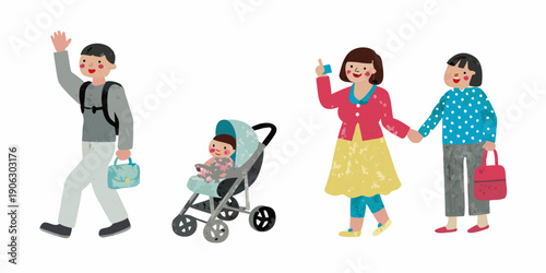 Family walking together with a stroller illustrated in a simple style