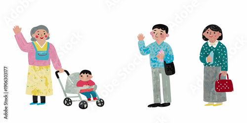 A family of four waves including a grandmother parents and a young child