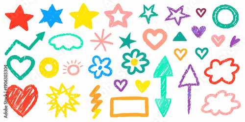 Colorful crayon doodles of stars hearts flowers and geometric shapes