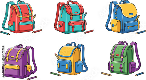 Colorful school backpack collection student bags with pencils education supplies vector illustration set back to school design bundle