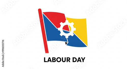 Labour day flag with gear symbol on colorful background celebrating workers rights and international labour movement