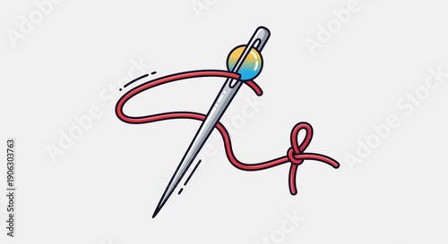 Colorful bead and red thread adorning a classic sewing needle vector illustration for crafts