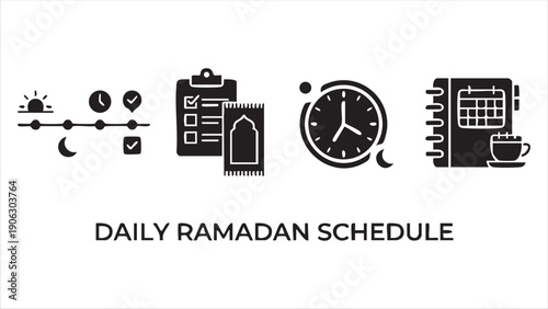 Muslim Man Praying and Sujud Silhouette Icon Set Featuring Mosque Architecture Quran Reading and Islamic Devotion Symbols for Ramadan Kareem.
