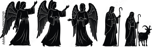 Biblical angels and shepherds silhouette set religious nativity faith spiritual figures vector illustration collection holy scene bundle pack