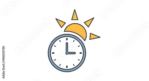 Sunrise time concept with clock and rising sun illustration