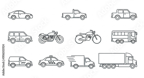 Collection of Hand Drawn Transportation Vehicles Icons Set.