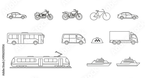 Collection of hand drawn transportation vehicles in sketch style.
