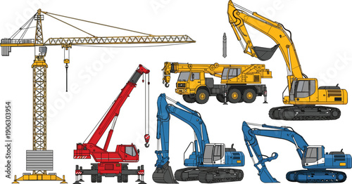 Construction heavy equipment set with cranes and excavators industrial machinery vehicles vector illustration engineering building work collection