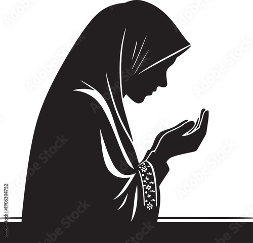 Woman in Hijab Praying, A woman in traditional hijab praying a striking black silhouette, vector illustration.
