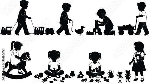 described features silhouettes of children engaged in play with a variety of toys, which evokes a sense of joy and childhood innocence