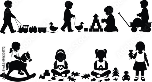 Kids playing with toys silhouette set children activity train blocks doll rocking horse vector illustration bundle collection playtime