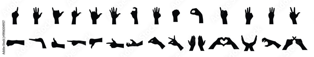 Fototapeta premium Hand gesture silhouettes sign language communication symbols set. A collection of various hand gesture and hand position silhouettes, vector illustration.