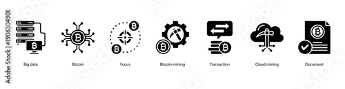 Bitcoin and Big Data web banner vector illustration featuring Big data, Bitcoin, Focus, Bitcoin mining, Transaction, Cloud mining, and Document.