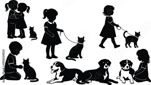 Kids with pets silhouette set children playing walking and caring cat dog vector illustration collection bundle friendship concept