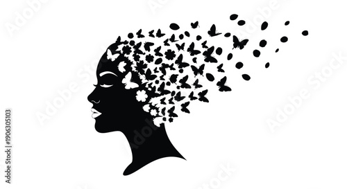 Silhouette of woman with hair transforming into flying butterflies and blooming spring flowers