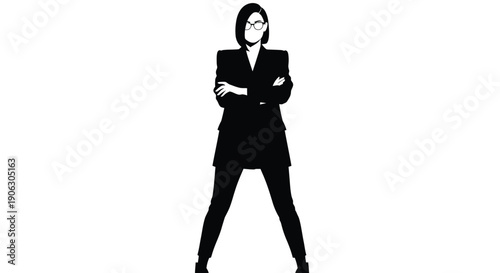 Confident business woman in eyeglasses with folded arms on chest black and white vector illustration