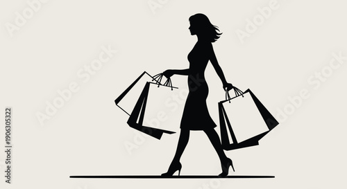 Fashionable woman silhouette carrying many shopping bags while walking on plain background area