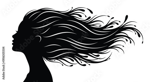 Woman silhouette with long wavy hair flowing in wind elegant artistic profile design element