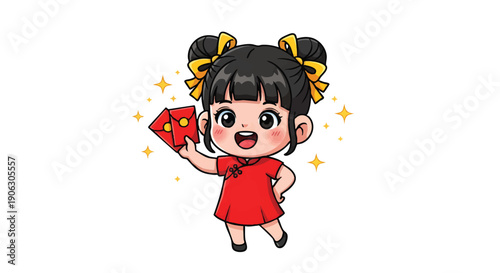 Cheerful Asian Child Celebrating Holiday With Lucky Red Envelopes