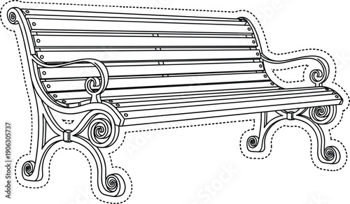 Vintage ornate park bench line art illustration with decorative cast iron legs for coloring book and garden design.