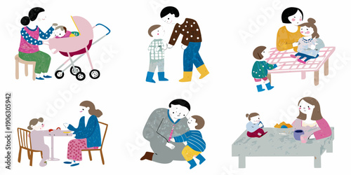 Illustrations depicting various family moments parents with children