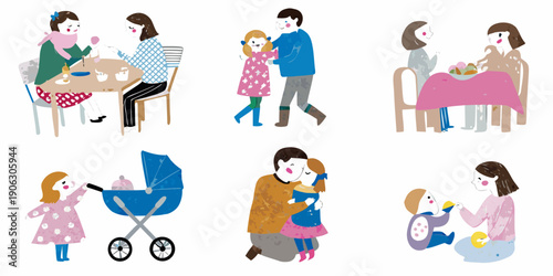 Illustrations depicting family interactions tea parties embraces and childcare