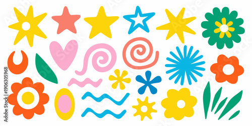 Colorful assortment of playful shapes and floral designs on a white background