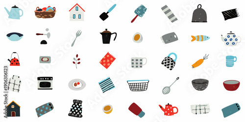 Collection of colorful flat design icons representing various household objects