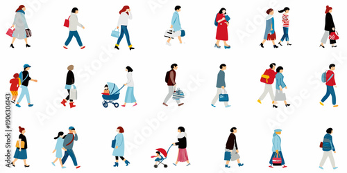 A collection of minimalist vector illustrations depicting people in motion
