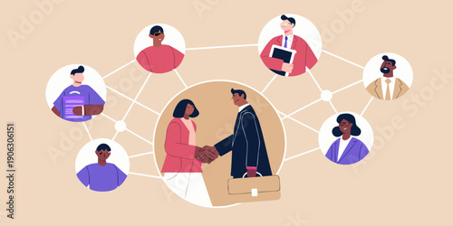 Diverse group of professionals connecting and shaking hands in a network