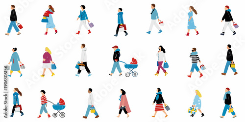 A collection of minimalist illustrations depicting people walking in various outfits