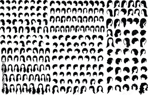 Large collection of diverse hairstyle silhouette illustrations featuring straight, wavy, curly, braided hair styles, short and long cuts, fashion design reference