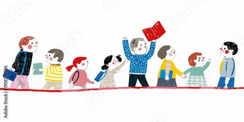 A group of children celebrating with their hands raised holding books