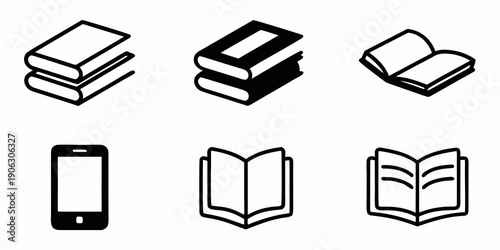 Simple black and white icons depicting books and a smartphone