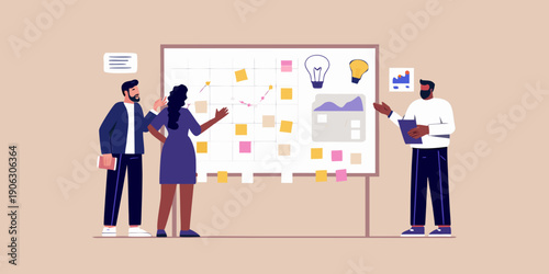 Team brainstorming ideas with sticky notes on a whiteboard during a meeting