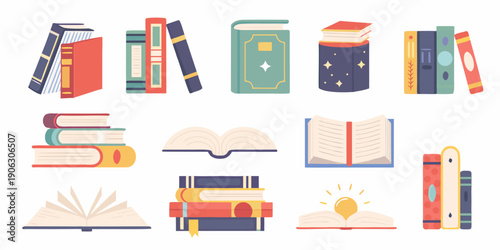 Colorful collection of books and reading materials in a flat illustration style