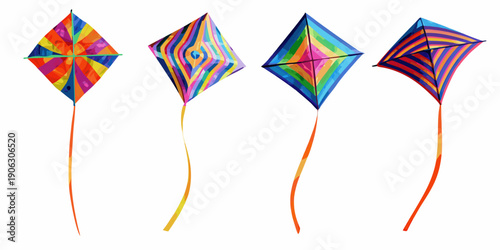 Four colorful diamond kites arranged in a row on a white background