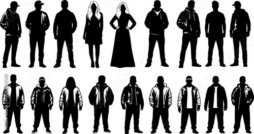 Vector silhouettes of young men, illustration. Silhouettes of young people posing in casual clothes. Transparent background EPS version.