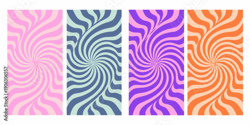 Four vibrant swirling striped rectangles in pink teal purple and orange
