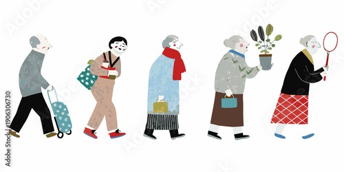 A line of elderly people walking each with unique clothing and accessories