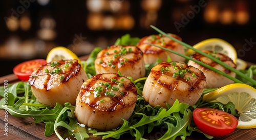 Pan seared scallops garnished with fresh herbs and citrus slices presented on a bed of greens