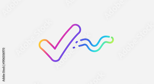 Vibrant gradient checkmark icon with a dynamic flowing wavy trail on a clean white background