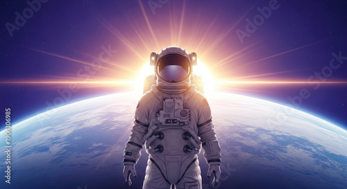 Astronaut in space suit standing before a radiant planet