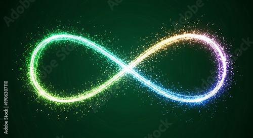 Glowing, multicolored light trail forms an elegant lemniscate shape against a dark background