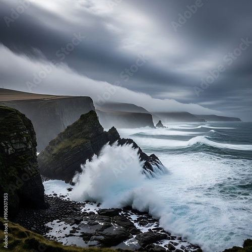 Powerful ocean waves crash violently against rugged coastal cliffs under a dramatic, overcast sky