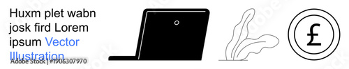 Business strategy, e-commerce, financial management, online transactions, currency exchange, digital platforms. Black laptop, pound symbol in a circle abstract plant-thumbs up graphic. Business