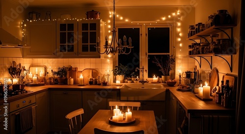 Warm incandescent lights and many lit candles illuminate a cozy domestic kitchen space at night