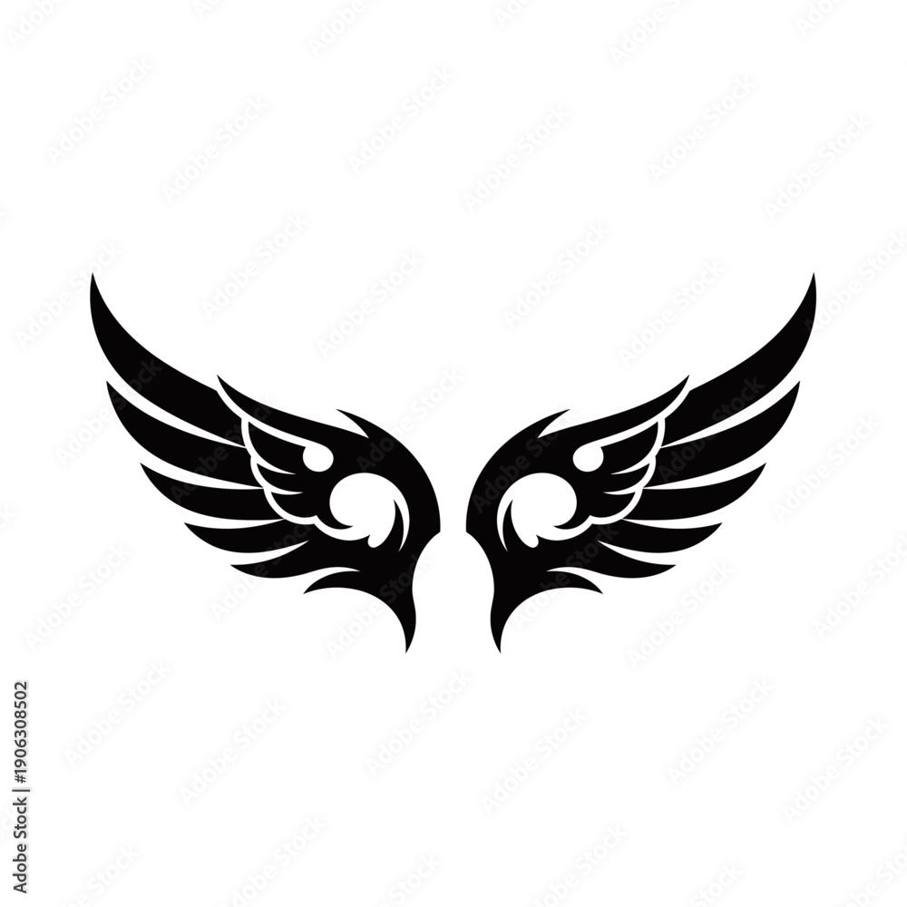 Fototapeta premium A stylized black tribal wing design with sharp edges and intricate patterns, suitable for tattoos or graphic art.